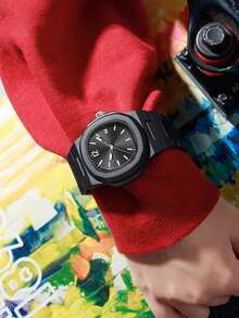 TOMI 2 pièces/Set Montres d'homme d'affaires de luxe minimalistes, bracelet en plastique mat et huile à rayures, montre à quartz analogique, adaptée à la vie quotidienne, cadeau pour les fêtes, cadeau pour la Fête des Pères - Noir - Voir 4