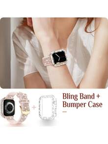 2 件/套女士男士时尚闪亮变色可调节硅胶表带和闪亮水钻装饰迷人可爱镂空表壳，兼容 表带 38/40/41/42/44/45/46/49 毫米，适用于 Series Ultra/SE/11/10/9/8/7/6/5/4/3/2/1，智能手表配件 - 金色+透明殼(無手錶) - 查看 3