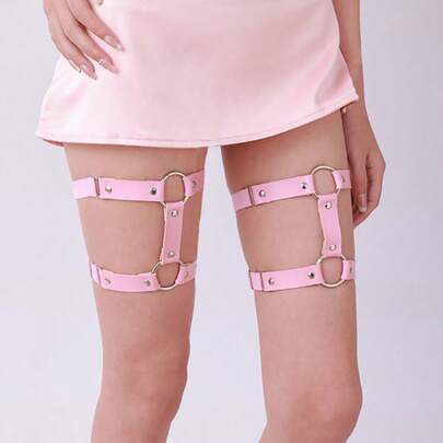 1pc Women's Solid Color PU Leather Punk Street Nightclub Sexy Leather Round Thigh Garter, Anti-Slip Double-Row Suspender Stocking Holder With Chain Leg Strap