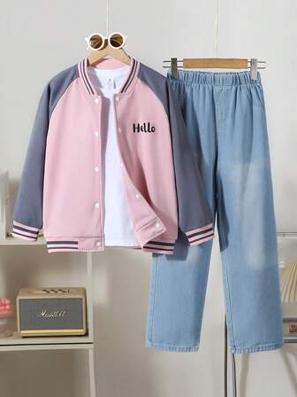 两件套女童牛仔套装，时尚运动撞色棒球夹克搭配经典直筒牛仔裤