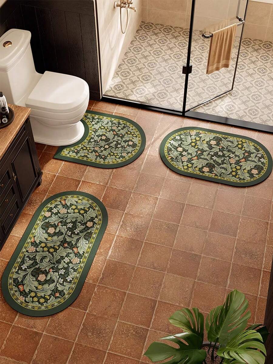 1/3pcs Set Dekorasi Rumah Motif Daun Vintage, Keset Anti Selip Penyerap Air untuk Kamar Mandi, Keset Mandi Motif Vintage dari Gel Silika, Keset Kaki Penyerap Air Bentuk U untuk Toilet & Wastafel, Ketebalan 2,5mm untuk Dekorasi Lorong, Kamar Mandi, Dapur, dan Karpet Dapur