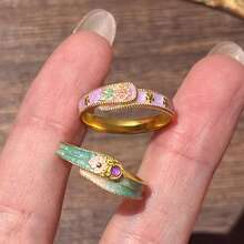 1 pieza Anillo exquisito con estampado floral de melocotón y esmalte de goteo estilo chino vintage - Anillo de flor de durazno - Ver 3
