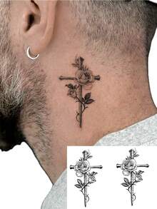 1pc Temporary Cross & Sword Flower Tattoo Sticker For Men, Waterproof Temporary Tattoo Sticker, Fashionable Personalized Tattoo Sticker Suitable For People - Black - View 1
