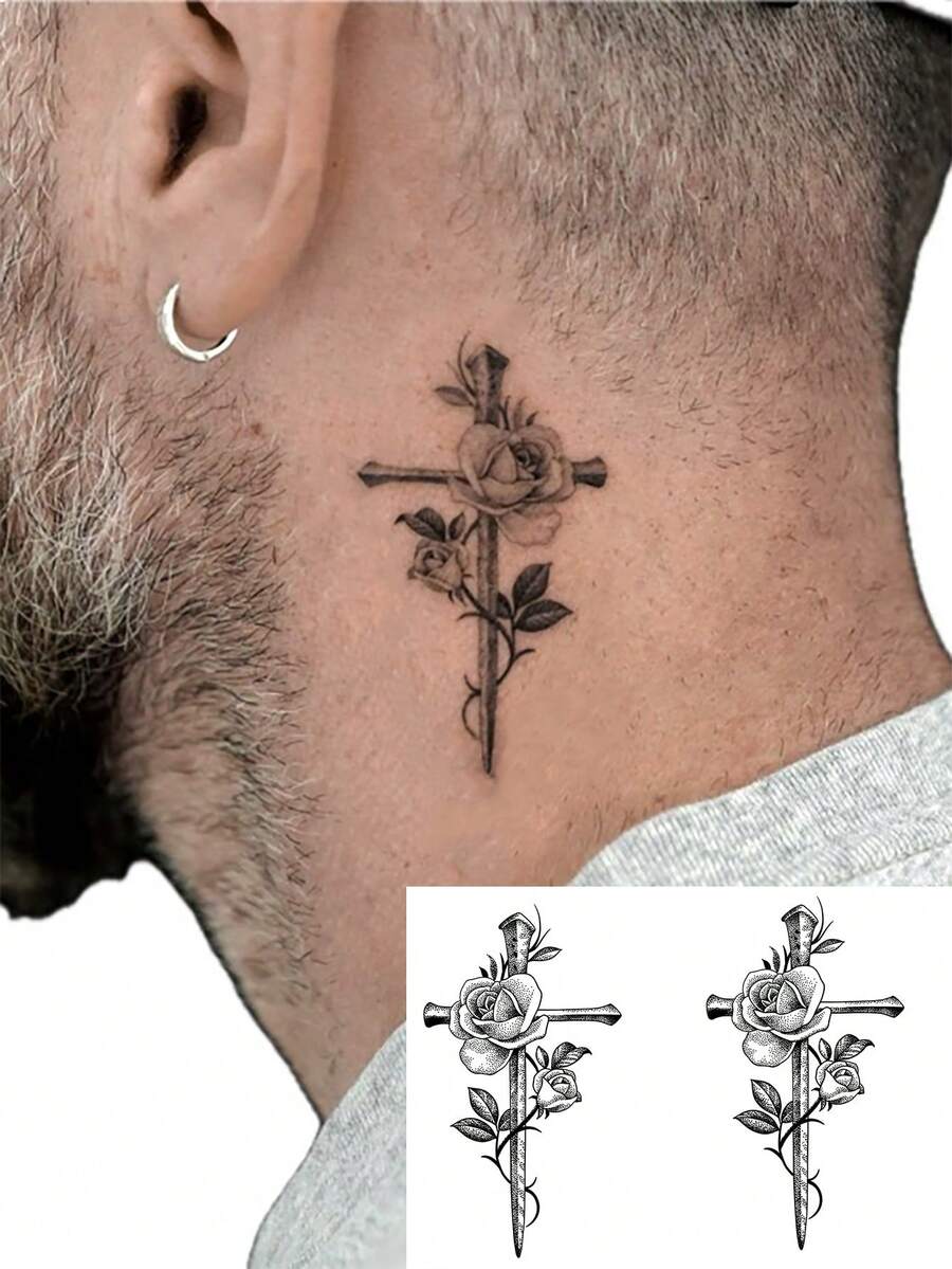 1pc Temporary Cross & Sword Flower Tattoo Sticker For Men, Waterproof Temporary Tattoo Sticker, Fashionable Personalized Tattoo Sticker Suitable For People - Black - View 1