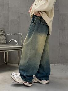 男童宽松直筒休闲牛仔裤，适合日常、上学、休闲和户外穿着，秋季