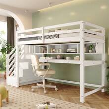 Sairedel Kinderhochbett mit Stauraumtreppe 90*200cm, Massivholz+MDF, Etagenbett, Kinderbett mit großen Schreibtisch und Regalen,