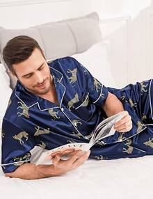Men Silk Pajama Set Short Sleeve Satin PJs Sets 2 Piece Button Down Sleepwear Soft Summer Loungewear With Pocketshalloween - Navy Blue Leopard - View 6