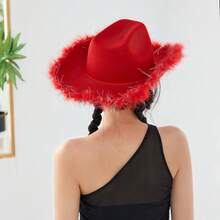 Womens Cowboy Hat, Adult Solid Color Furry Trim Wide Brim Hat Female Cap For Dating Party - Red - View 7