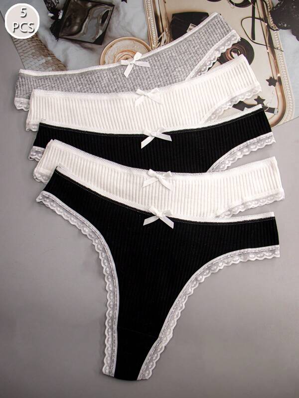 5pcs Women's Multicolor Cotton High Stretch Ribbed Panties With Charming Bow Lace Trim