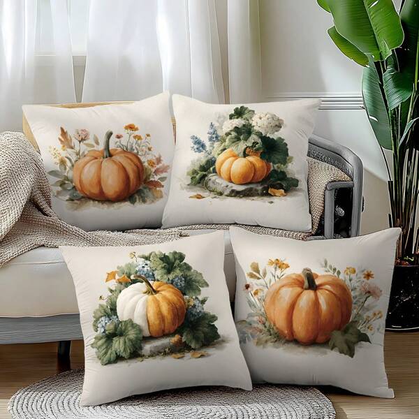 4pcs Set Watercolor Pumpkin & Floral Design Throw Pillow Covers, Soft Peach Velvet Fabric, 45*45CM, Suitable For Home, Bedroom, Living Room Autumn Decor, Decorative Cushion Cover Gift