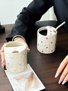 1 buah Mug Keramik Hati Merah & Pink dengan Sedotan, Gaya Korea yang Lucu, Pegangan yang Nyaman, Pola Hati yang Dilukis Tangan, Cocok untuk Sarapan di Rumah, Susu, Teh, Air, Jus, Kantor, Teh Sore untuk Pacar, Hari Valentine - MultiWarna - View 10