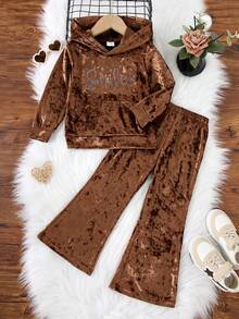 2Pcs Autumn/Winter Young Girls Vintage Rhinestone Letter Pocket Long Sleeve Hoodie Sweatshirt And Solid Comfort Velvet Pants Set, Elegant Stylish Solid Color Fall/Winter Girl Outfit - Brown - View 1