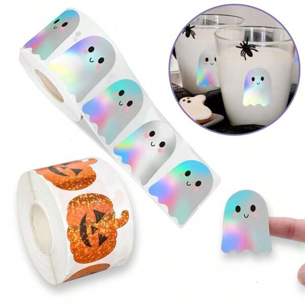 1000 Stücke/2 Rollen Halloween Glitzersticker - Holografische Laser-geschnittene Geist/Kürbiskopf Sticker, wasserfeste selbstklebende Siegelsticker, geeignet für Scrapbooks, Umschläge, Halloween Dekorationen und DIY Dekorationsartikel, süße Halloween Dekorationssticker, Sammelalbum Dekorationen, lebendige Sticker, dauerhafte Klebstoffe, für Schulmaterial, Rückkehr zur Schule