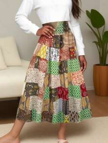 A Plus Size Women's High Waisted A-Line Skirt - Elegant Color Blocking Print And Geometric Pattern, Machine Washable Polyester Fabric, Non Stretch Smooth Fabric, Pleated Detail Design, Long Skirt For Spring, Summer And Autumn, Suitable For Casual Or Formal Wear, Versatile Styling, Fashionable Style - Nhiều màu - Xem 4