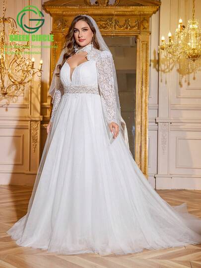 UNITHORSE UNITHORSE Fabric Plus Size V-Neck Top Hollow Out Design Lace Embroidery Splicing Tulle White Wedding Dress Evening Gown Dress, White Dress