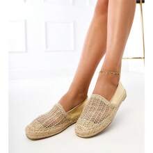 Women Simple Vacation Patchwork Espadrilles Flat Shoes - Gold - View 2