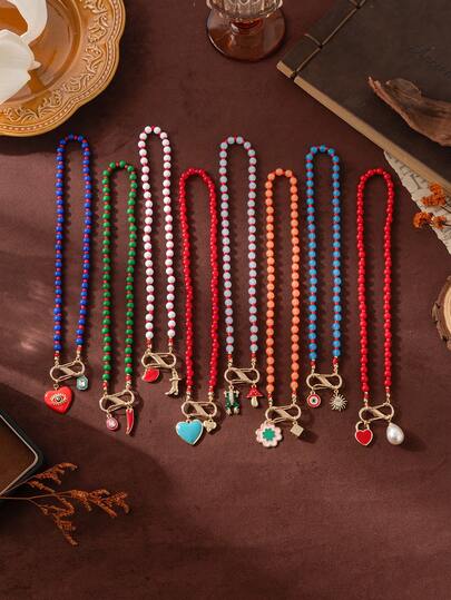 1 件夏季时尚度假风格彩色串珠项链，配心形太阳蛙辣椒吊坠项链，镀 18k 金，不易氧化，可轻松搭配女孩的日常着装装饰、海滩度假派对、音乐节。