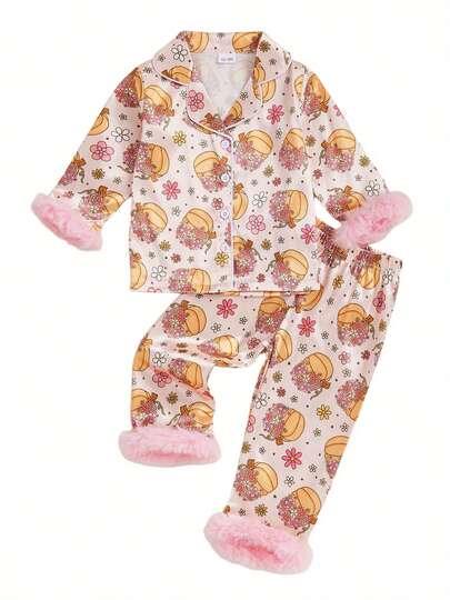 Toddler Little Girl Halloween Pajama Set Pumpkin Floral Pajamas Fuzzy Trim Long Sleeve Tops Elastic Waist Pants 2 Piece Sleepwear Outfit