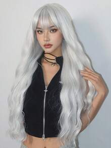 30-Inch Long, Silvery-White, Curly Hair With Bangs, Synthetic Fiber Wig, Suitable For Women, Suitable For Daily Use, Christmas Gift, Christmas Hair - 白色 - 查看 4