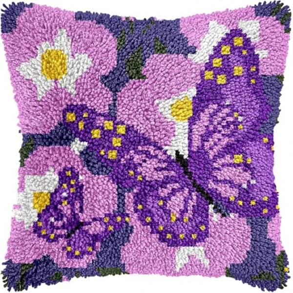 Butterfly Floral Latch Hook Kits For Adults Beginners DIY Crochet Pillow Kit Pre-Printed Pillowcase Hook And Latch Rug Kits Needlework Cushion Cover For Home Sofa Decoration 43cm 16.93inx43cm 16.93in