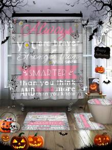 1/4 Pcs Grey & Pink Quote Shower Curtain Set With Bath Mat, Decorative Housewarming Gift, Modern Home Decor Bathroom Curtain & Mat 3 Pieces Set With 12 Shower Curtain Hooks, Suitable For All Seasons, Perfect Daily & Holiday Gift For Friends & Family