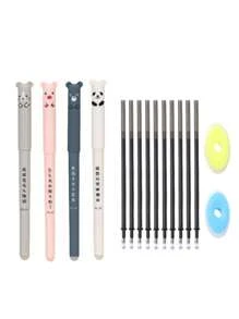 4pcs Pens With 20pcs Refills, Needle Tube, 0.35mm Cartoon Animal Themed Erasable Gel Pen Set