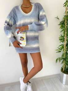 Women Casual Crew Neck Drop Shoulder Long Sleeve Striped Ombre Knitted Sweater