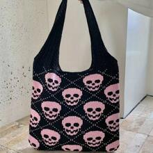 X-Large Y2K Style Handbag, Spacious Fashion Jacquard Skull Print Beach Tote Bag, Skull Pattern Crochet Shoulder Bag, Quirky Holiday Crossbody Bag With Adjustable Strap, Unlined, Suitable For Women, College And High School Students, Ideal Halloween Gift
