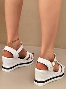 女童坡跟凉鞋，新款夏季编织带扣坡跟凉鞋，绒面圆头低跟凉鞋 - 白色 - 查看 3