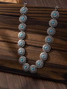1 pieza Cadena de cintura de metal plateado estilo bohemio con colgante floral e incrustación de piedra, adecuada para atuendos diarios, de vacaciones y de fiesta de mujeres - Plateado - Ver 3