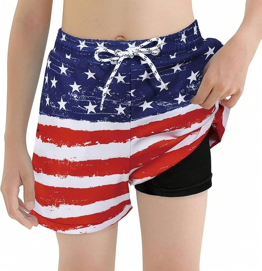 Boys Swim Trunks With Boxer Brief Liner Swim Shorts Compression Liner Youth Anti Trunks Halloween Christmas New Year - Quốc kỳ - Xem 1