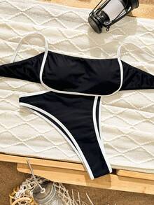 Women Simple Spliced Tie Back Sexy Bikini Set High Waist Bathing Suits Beach Outfit - Black and White - View 5