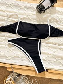 Women Simple Spliced Tie Back Sexy Bikini Set High Waist Bathing Suits Beach Outfit