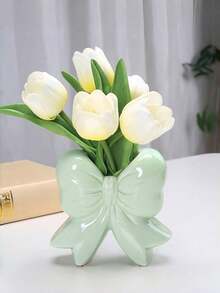 1 pieza Jarrón de cerámica creativo con lazo, adecuado para decoración de habitación, sala de estar, decoración del hogar, escenario, dormitorio, estilo decorativo, color rosa, blanco, rojo, verde