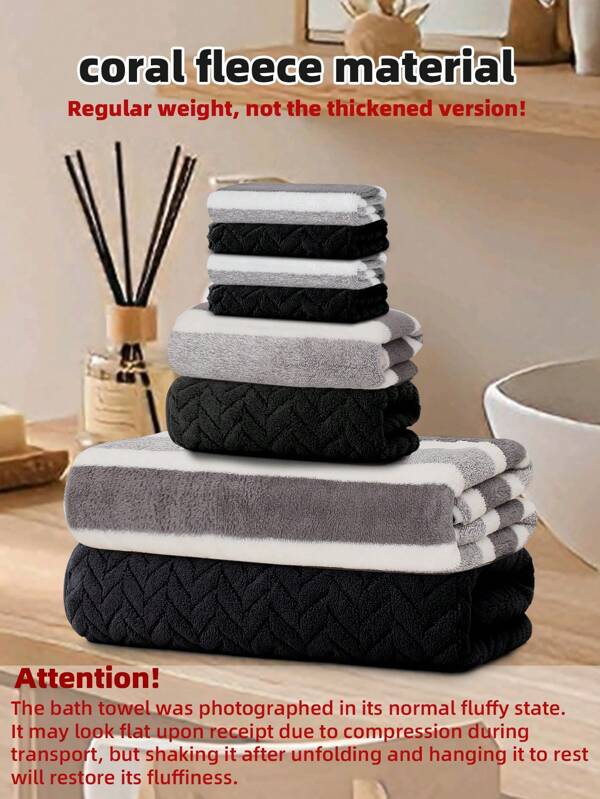 8pcs Coral Fleece Towel Set [4pcs Small Handkerchiefs + 2pcs Hand Towels + 2pcs Bath Towels], 85% Polyester 15% Nylon, Skin-Friendly Soft, Quick Drying, Striped & Geometric Pattern, Unisex, All Season, Minimalist & Fashionable, Suitable For Home, Bathroom, Kitchen, Restroom, Swimming, SPA, Travel, Camping, Fitness, Holiday Decor, Beach, Face/Body Washing, Halloween, Autumn, Etc.