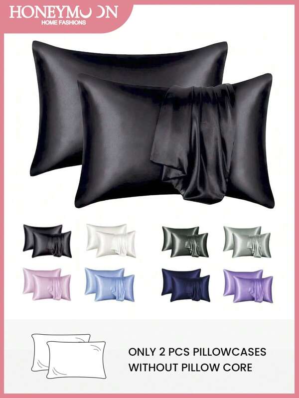2 Packs Luxurious Satin Pillowcases, Hypoallergenic Polyester, Envelope Closure, 85gsm Weight, Woven Fabric, No Print - Soft & Smooth For Skin Revitalization