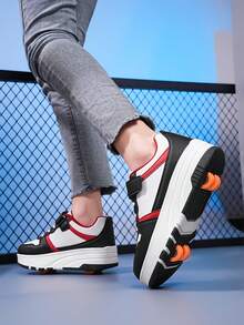 Zapatos de patines de ruedas para volver al colegio para adolescentes, zapatillas deportivas casuales convertibles con doble rueda y cierre de gancho y bucle para niños y niñas - Blanco y Negro - Ver 4