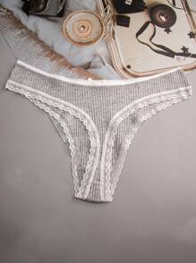 5条装女士棉质高弹力罗纹迷人蝴蝶结蕾丝边内裤