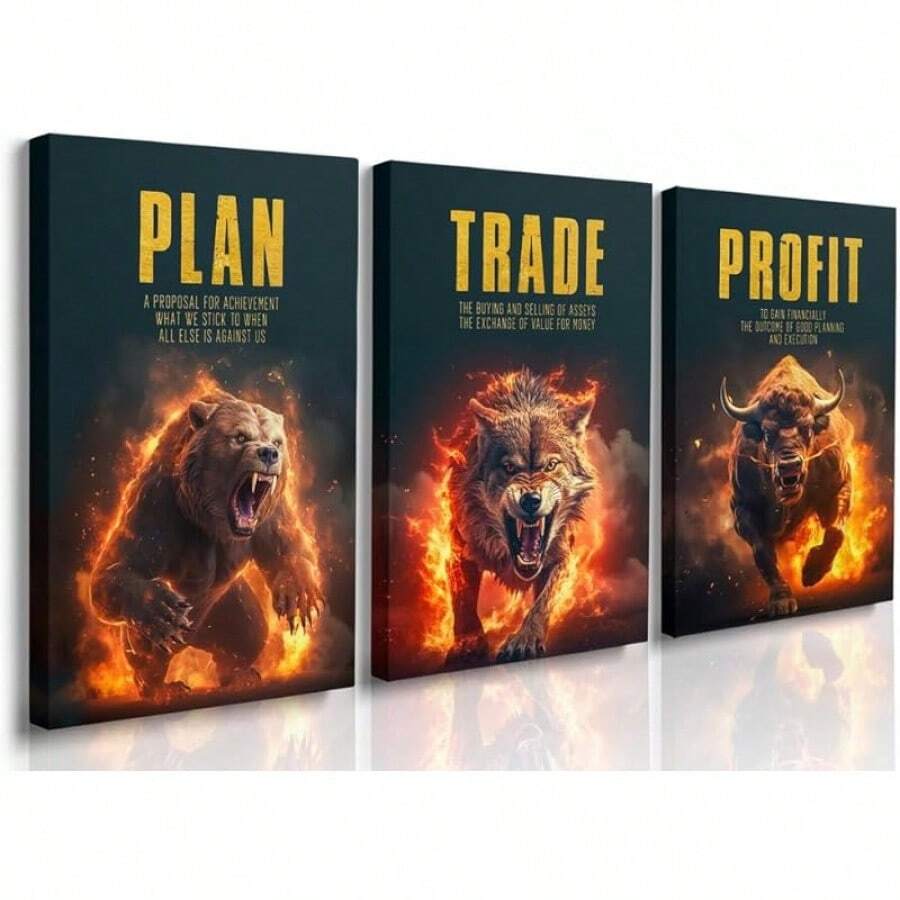 GUBIYU Black Hustle Grind Execution Wall Art Set Of 3 Framed Canvas Office Inspirational Motiviational Wall Decor Art Positive Quotes Posters Living Room Pictures Walls Decor Mens Guys 12x16 - 黑金狼03 - 查看 1