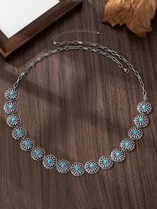 1 pieza Cadena de cintura de metal plateado estilo bohemio con colgante floral e incrustación de piedra, adecuada para atuendos diarios, de vacaciones y de fiesta de mujeres - Plateado - Ver 6