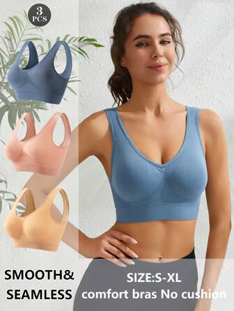 3pcs Women's Seamless Comfortable Wireless Bra Set, Multi-Color
