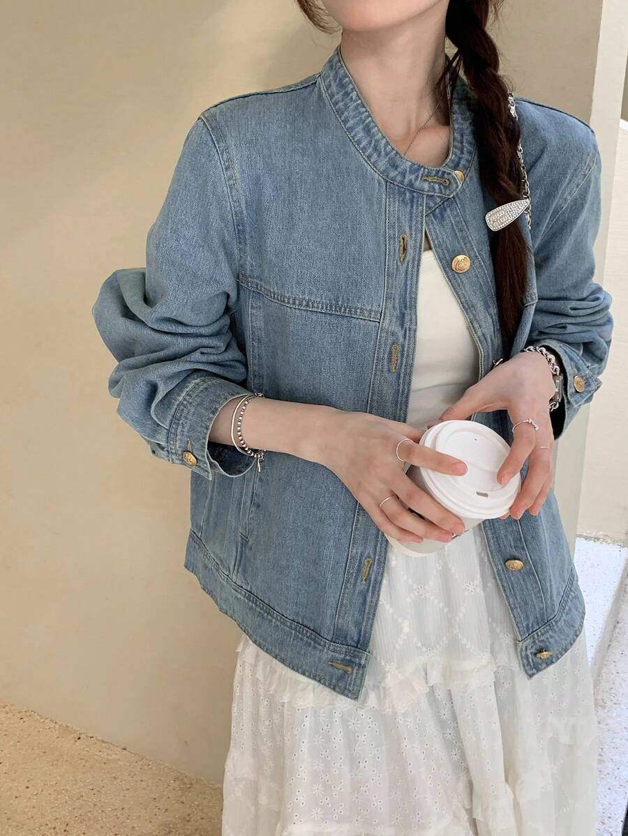 Áo khoác denim nữ tay dài cài nút phía trước cổ điển, mùa xuân và mùa thu - Màu xanh lam - Xem 1