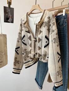 Autumn/Winter Casual Geometric Pattern Cardigan With Horn Buttons - Multicolor - View 3