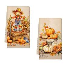 2pcs Thanksgiving Scarecrow & Pumpkin Pattern Dish Towels - Absorbent Polyester Kitchen Towels, For Cooking, Baking, Housewarming Gifts, And Cleaning