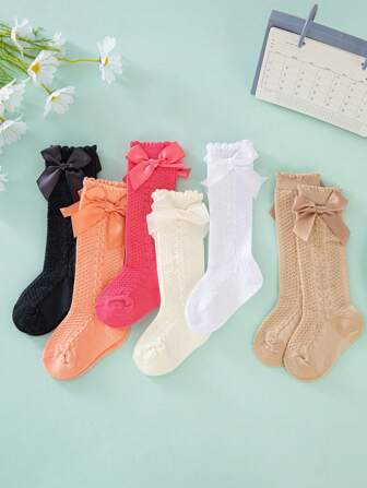 6 paires de chaussettes mi-mollet et hautes pour bébés filles avec décoration de nœud