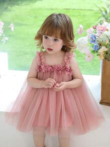 Baby Girls Floral Strap Tulle Party Princess Dress, Elegant Sleeveless Dress Suitable For Baby's 1st Birthday, Wedding, Party, Holiday Celebration