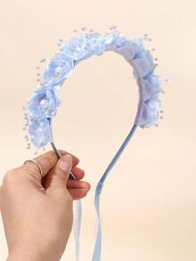 1pc Blue Floral Wreath Headband, Elegant Faux Pearl Headband With Long Ribbon Tail, Flower Crown Headpiece, Flower Girl Headband, Wedding Engagement Hair Accessory, Teens Hair Clip - Blue - View 4