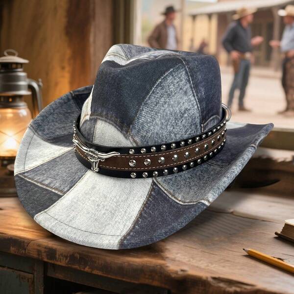 Women Men Cowgirl Hat, Roll-Up Wide Brim Patchwork Denim Western Hat For Casual Daily