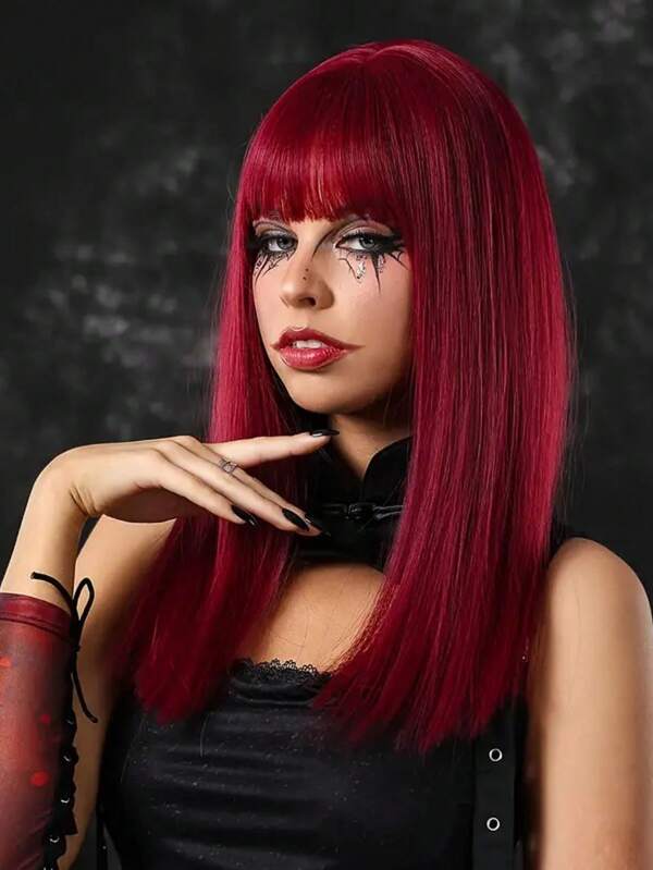 18 Zoll Weinrote Halloween Perücke, modische schulterlange gerade synthetische Vollperücke für Frauen