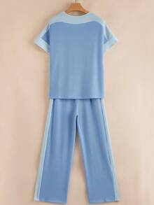 夏季撞色拼接纹理条纹休闲宽松裤套装两件套